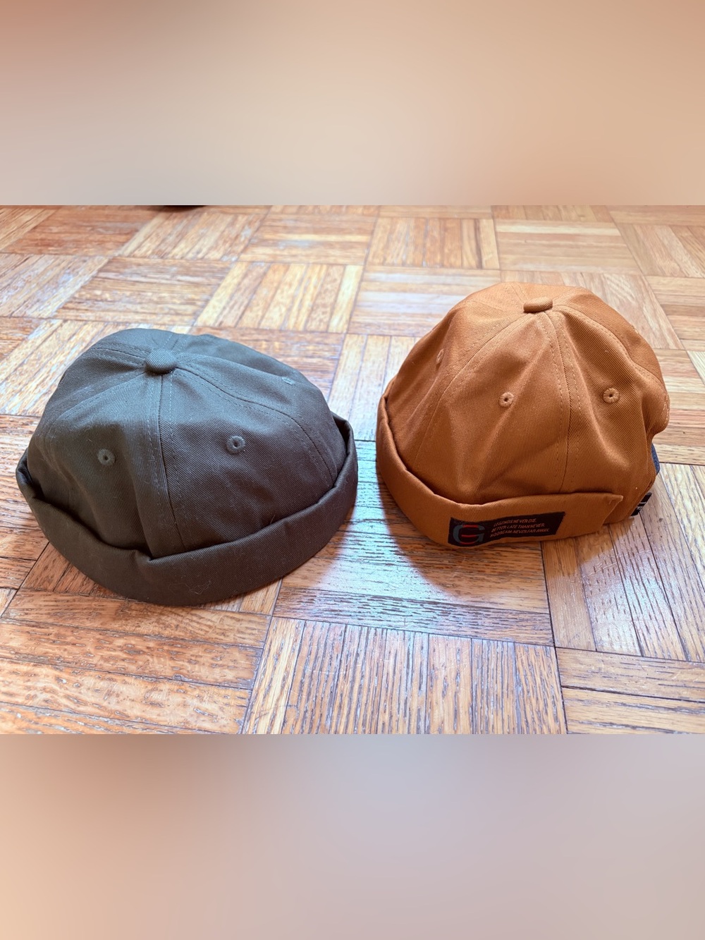 Men's Cotton Brimless Caps one mustard Brown and one Olive
